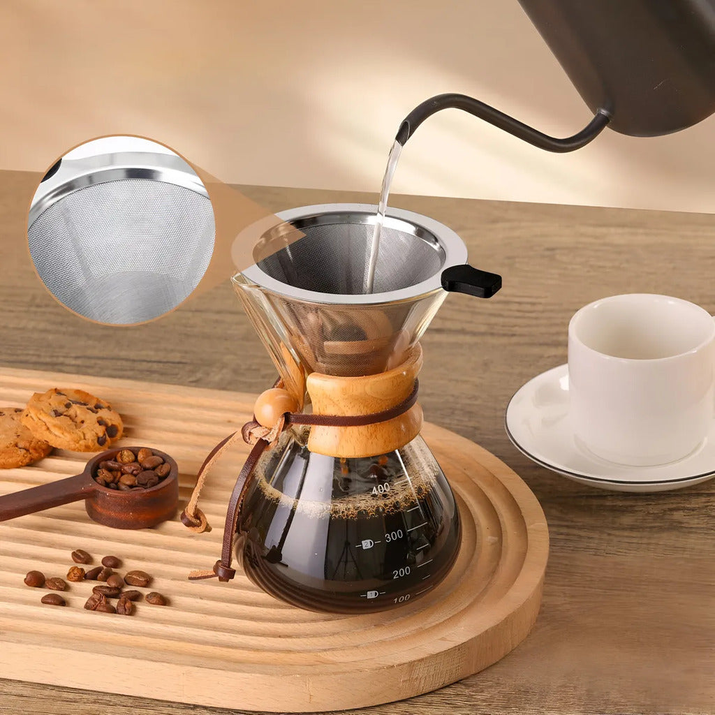 Cafetera Tipo Chemex en Vidrio Borosilicato + Filtro de Acero Inoxidable (400ml / 600ml / 800ml)