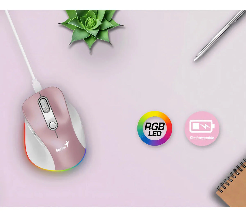 Mouse Inalámbrico y Bluetooth Genius Ergo 9000S Pro - Ergonómico - Recargable - Color Rosa
