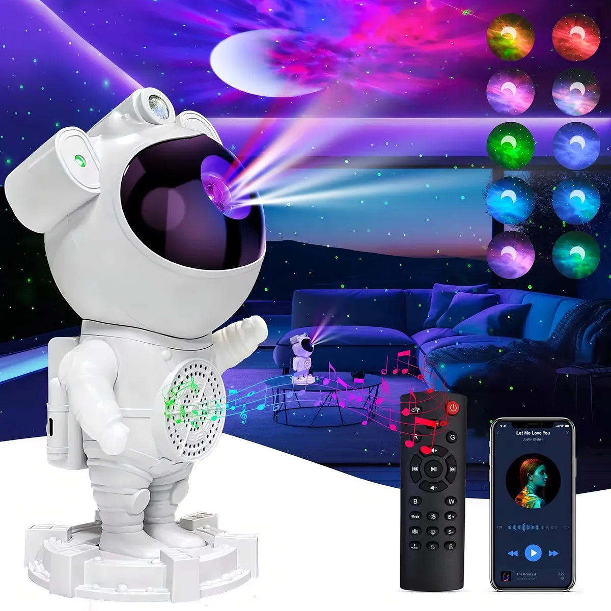 Proyector Galaxia Astronauta con Parlante Bluetooth – Nebulosa LED Blanco
