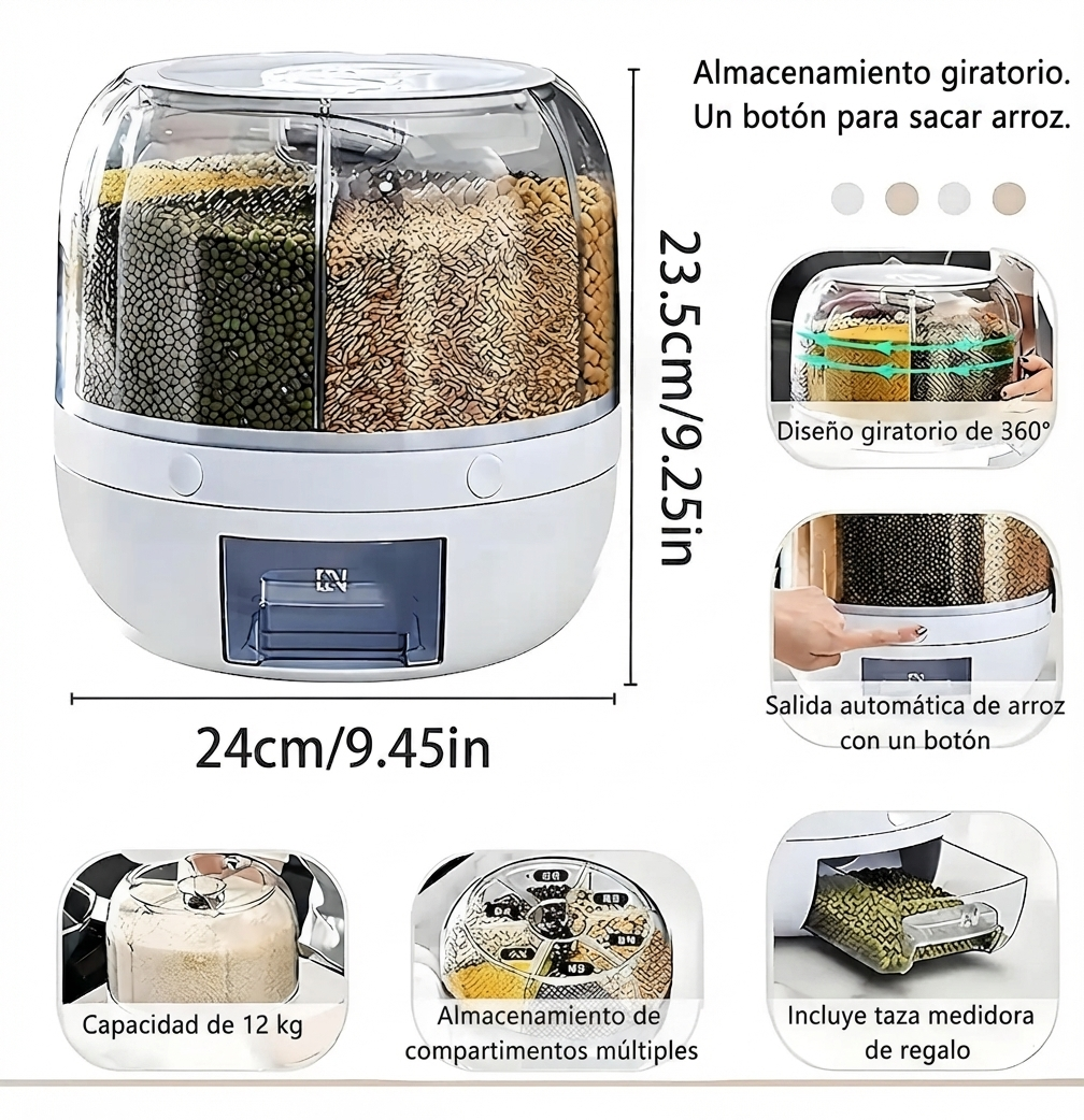 Dispensador de Granos y Arroz Giratorio 360° 6 Compartimentos 12kg con Taza Medidora