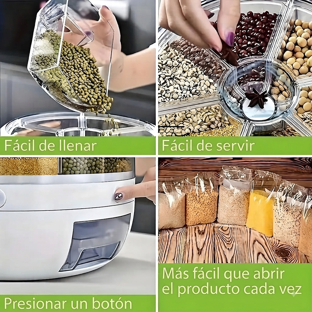Dispensador de Granos y Arroz Giratorio 360° 6 Compartimentos 12kg con Taza Medidora