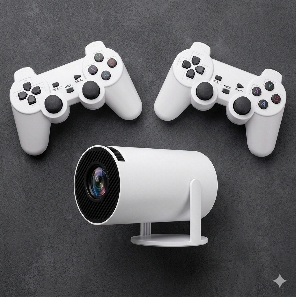 Mini Proyector Smart 2 en 1 + 2 Controles Inalámbricos 2.4G | Game Projector 4K WiFi 6 con Soporte para Netflix, YouTube, Prime Video