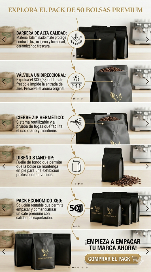 Bolsas para Café de Alta Barrera con Válvula y Zipper - Variedad de Tamaños y Colores