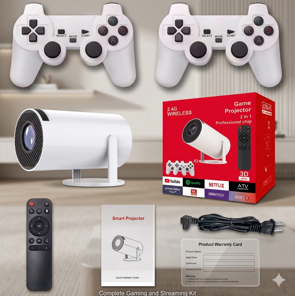 Mini Proyector Smart 2 en 1 + 2 Controles Inalámbricos 2.4G | Game Projector 4K WiFi 6 con Soporte para Netflix, YouTube, Prime Video