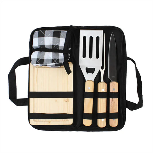 Kit de Utensilios para Parrilla y Asado 5 Piezas — Acero Inoxidable con Mango de Madera y Estuche