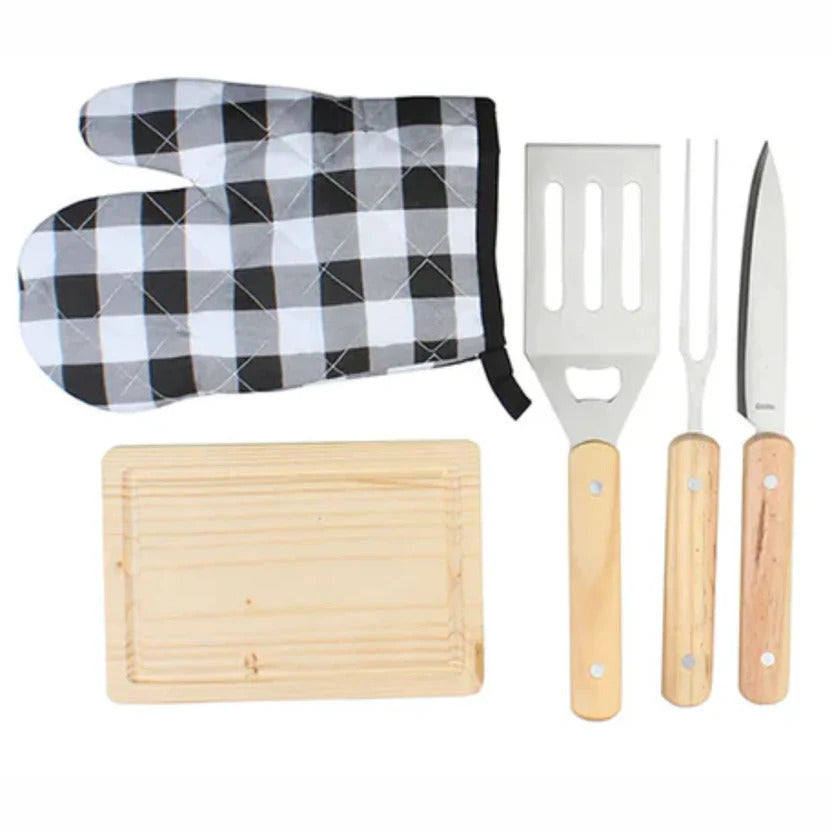 Kit de Utensilios para Parrilla y Asado 5 Piezas — Acero Inoxidable con Mango de Madera y Estuche