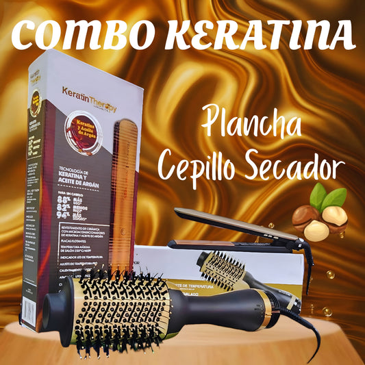 Combo Profesional: Cepillo Secador 3 Velocidades + Plancha Keratina 230°C (450°F) para Secado y Alisado Perfecto