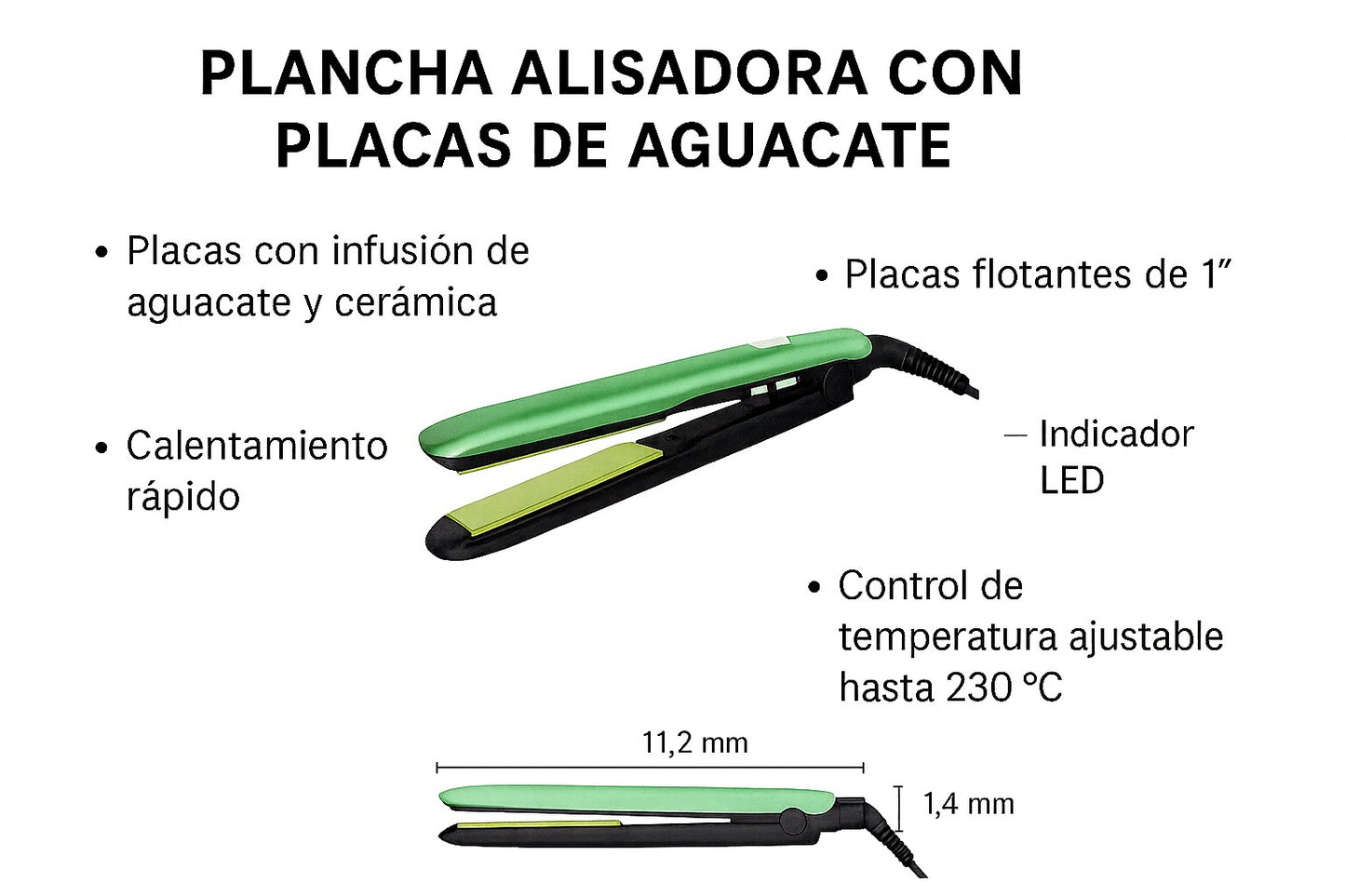 Plancha Alisadora con Placas de Aguacate | Cerámica | Temperatura Ajustable 230 °C