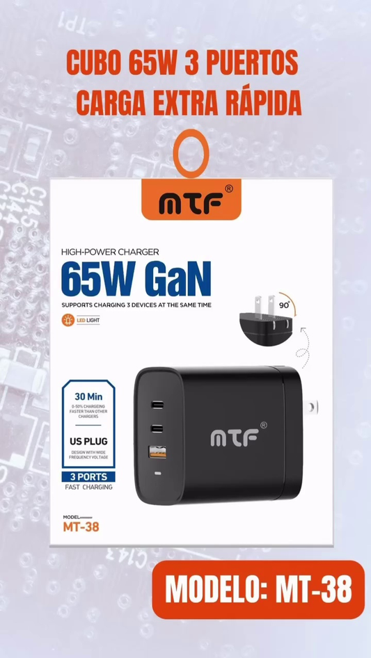 Cargador Rápido MTF 65W con Puertos USB y Tipo C – Ideal para Celular y Portátil