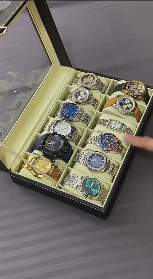 Caja Organizadora para 12 Relojes con Tapa Transparente – Estuche en Cuero PU con Cojines