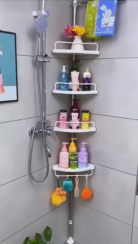 Organizador Esquinero de Baño Extensible 4 Niveles — Piso a Techo hasta 2.6m sin Taladro