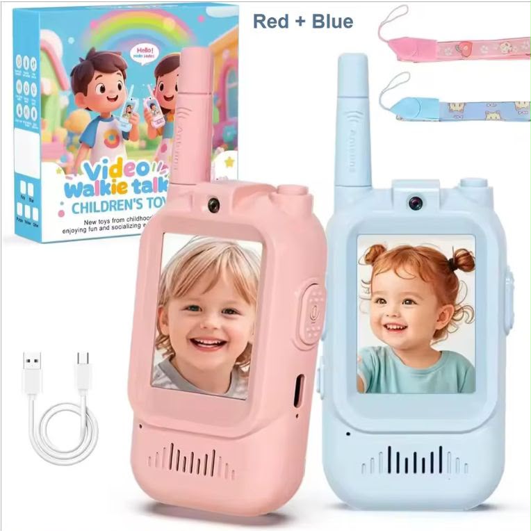 Set de 2 video walkie talkies para niños con caja de regalo, cable Tipo-C y cordones