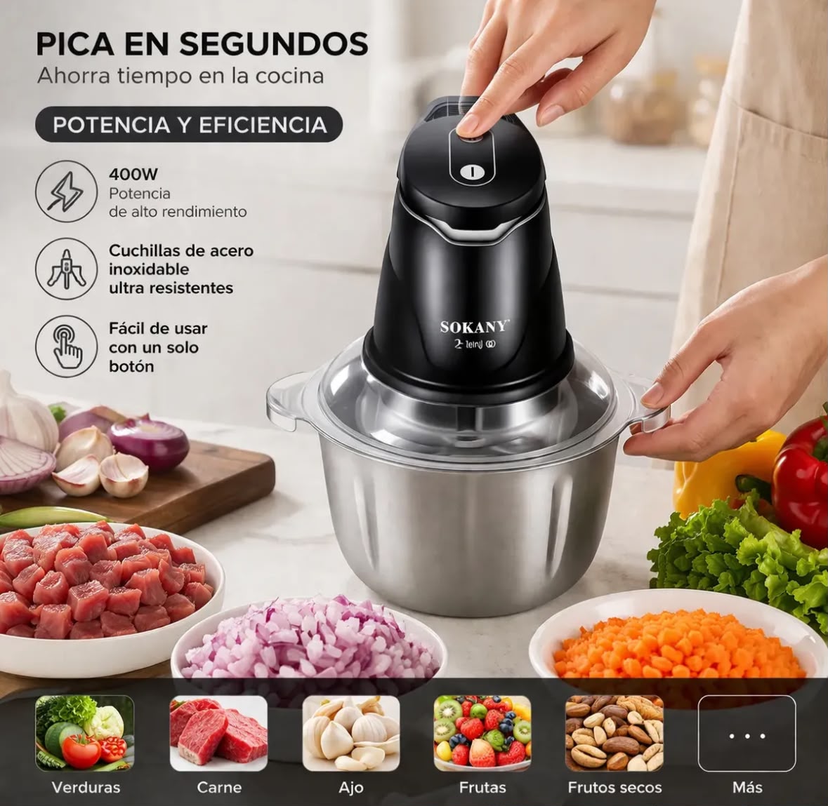 Picatodo Eléctrico Sokany 2 en 1 — 400W con Bowl de Acero 2L y Vaso 0.6L