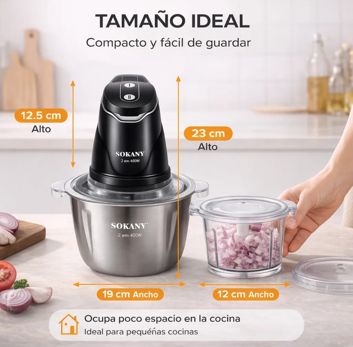 Picatodo Eléctrico Sokany 2 en 1 — 400W con Bowl de Acero 2L y Vaso 0.6L