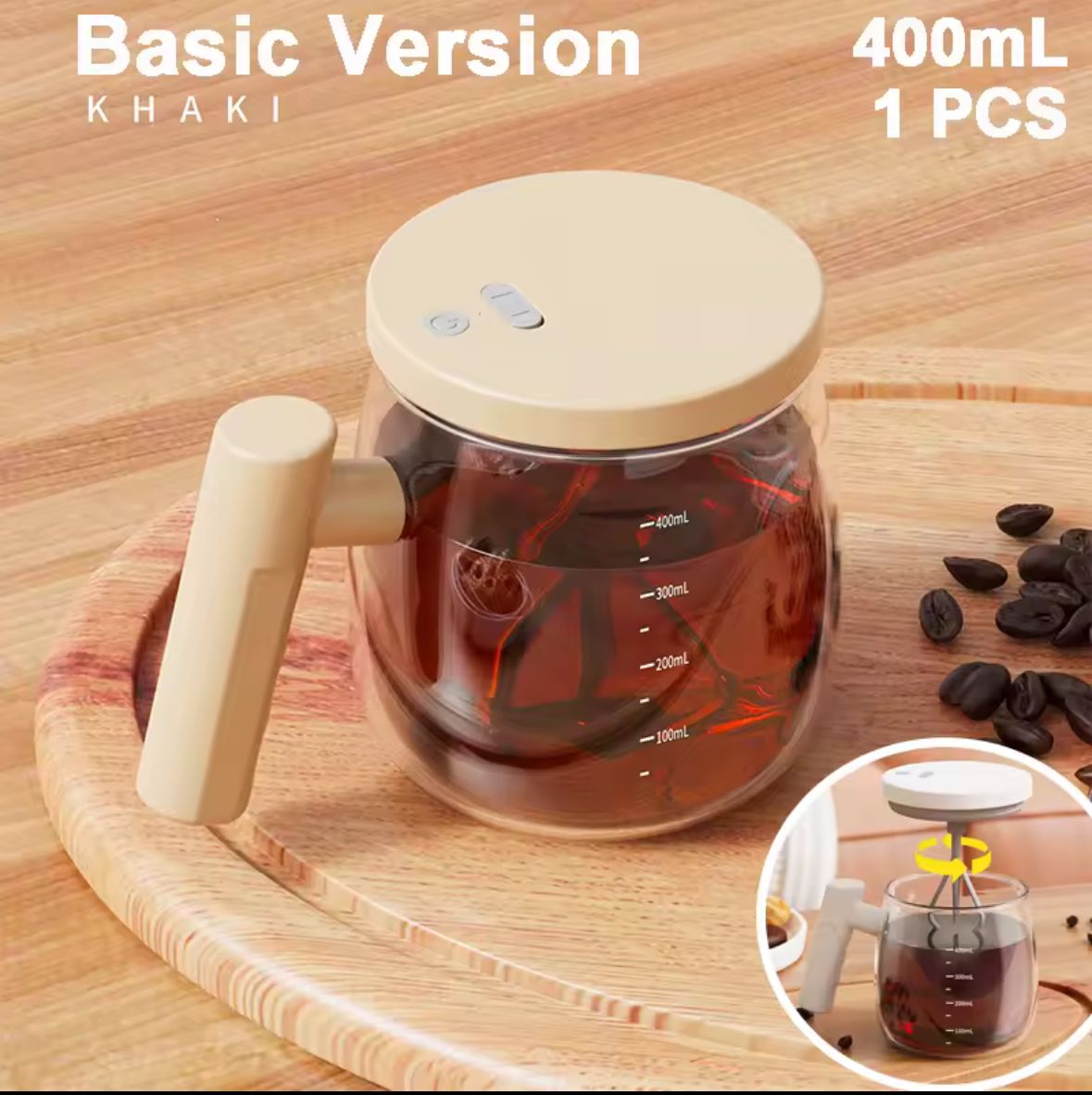 Taza Mezcladora Automática de Vidrio 400ml con Batidor Eléctrico y Mango de Madera