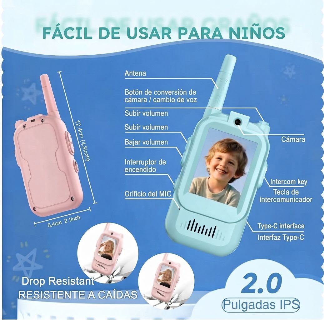 Partes y medidas del video walkie talkie infantil: cámara, antena, pantalla IPS 2 pulgadas y puerto Tipo-C