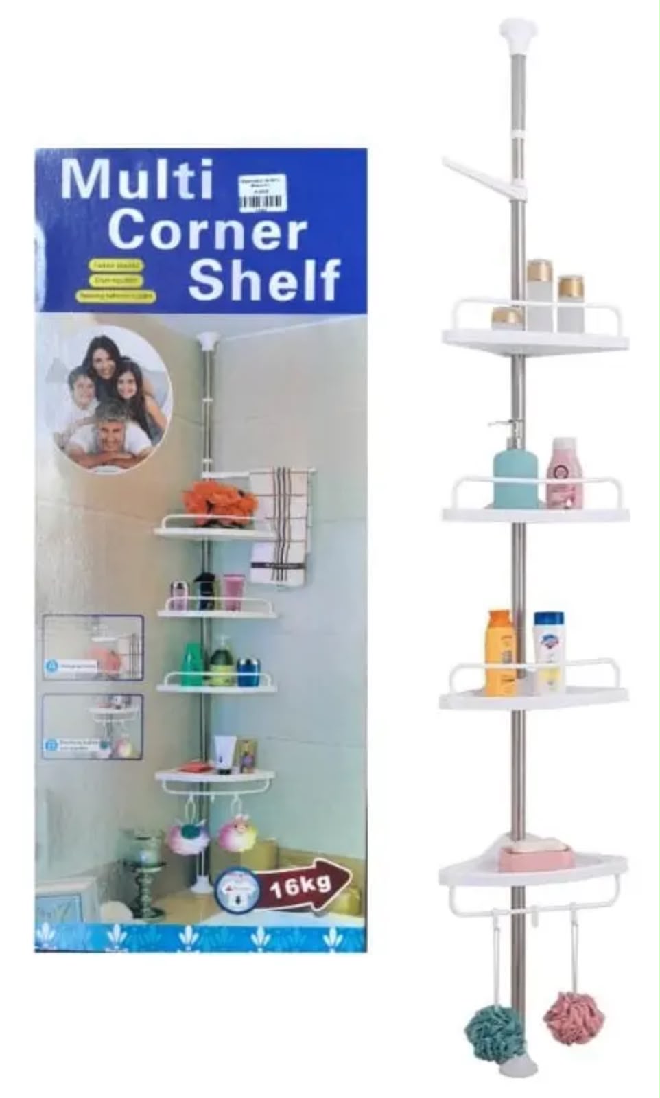 Organizador Esquinero de Baño Extensible 4 Niveles — Piso a Techo hasta 2.6m sin Taladro