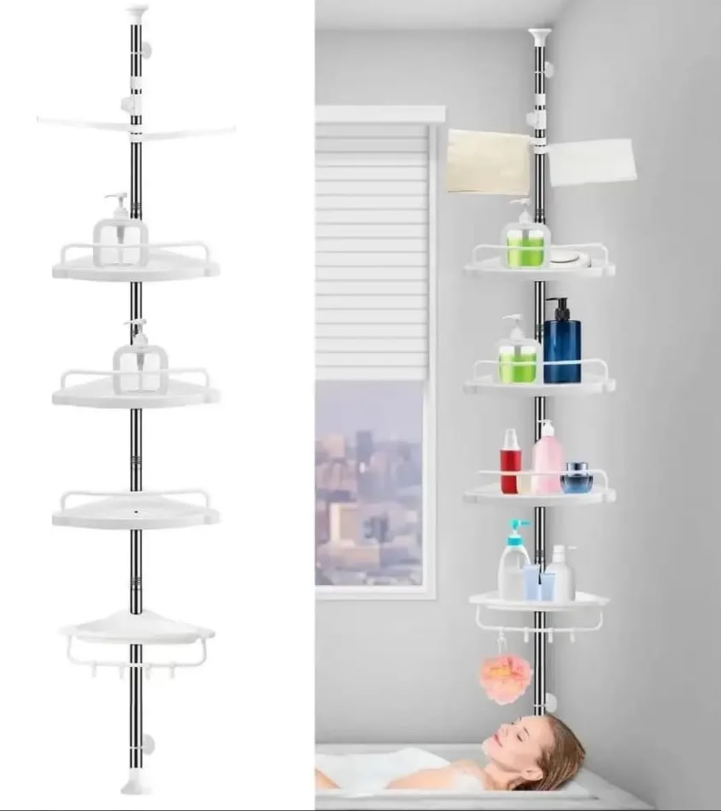Organizador Esquinero de Baño Extensible 4 Niveles — Piso a Techo hasta 2.6m sin Taladro