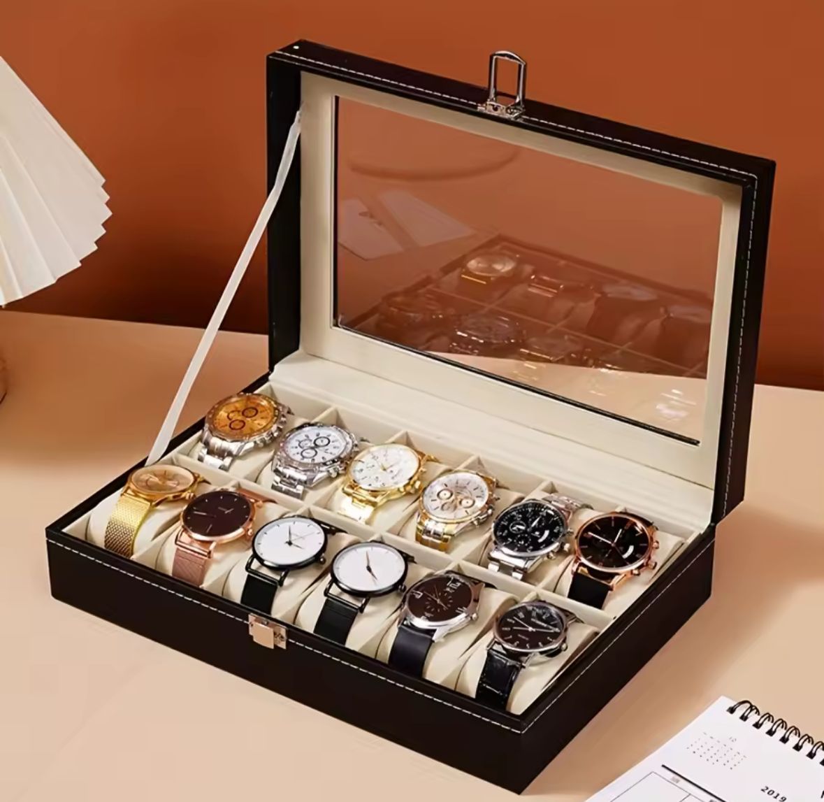 Caja Organizadora para 12 Relojes con Tapa Transparente – Estuche en Cuero PU con Cojines