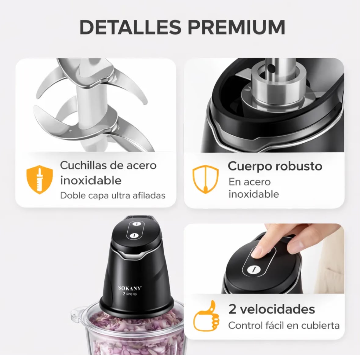 Picatodo Eléctrico Sokany 2 en 1 — 400W con Bowl de Acero 2L y Vaso 0.6L