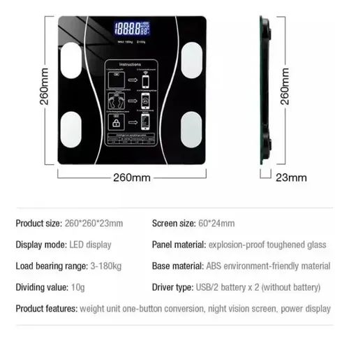 Báscula Digital Inteligente con Bluetooth y Análisis Corporal — Hasta 180 kg