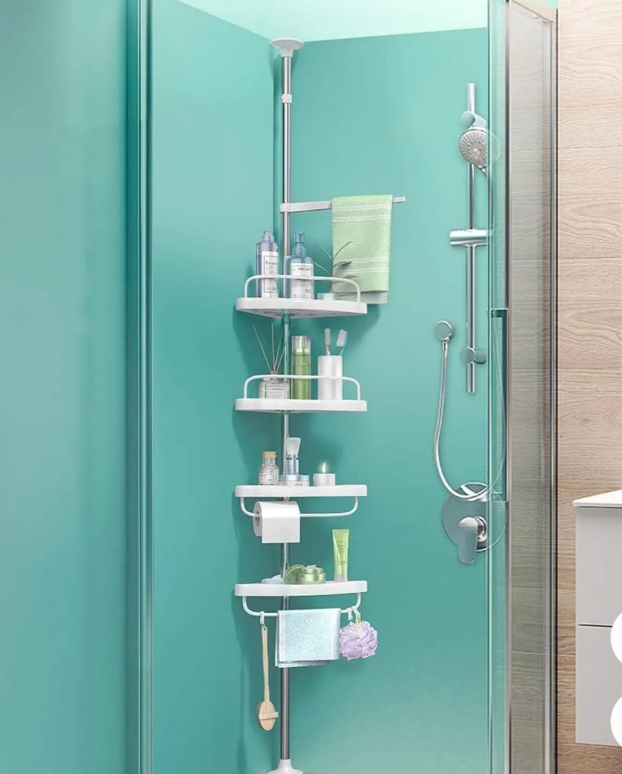 Organizador Esquinero de Baño Extensible 4 Niveles — Piso a Techo hasta 2.6m sin Taladro