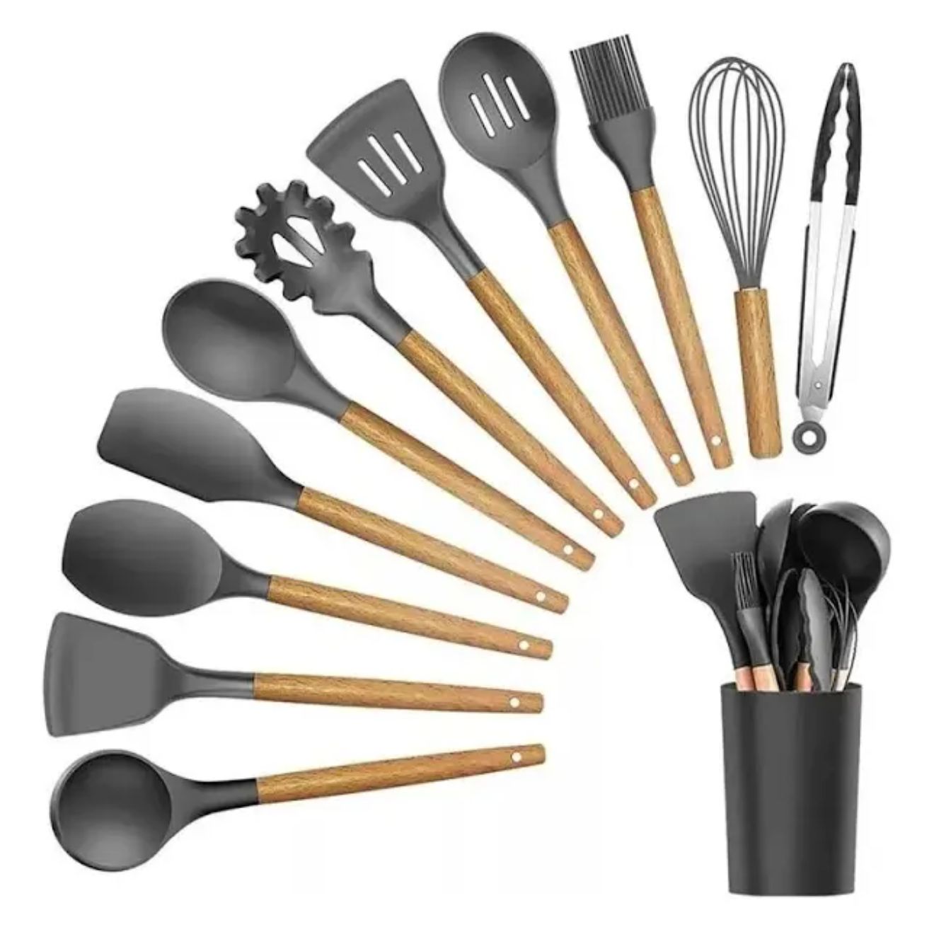 Set de Utensilios de Cocina en Silicona 12 Piezas con Soporte — Mango de Madera
