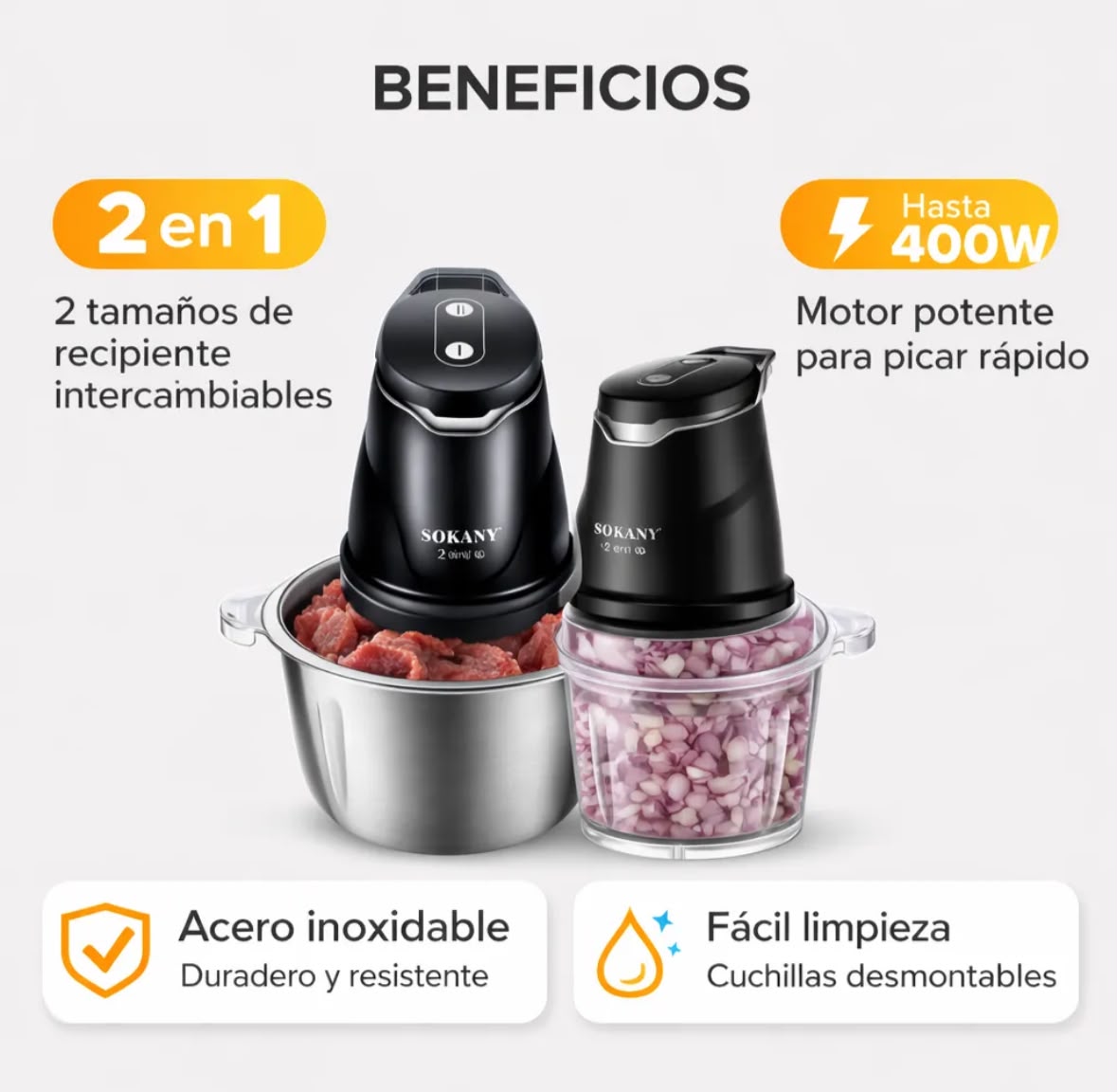 Picatodo Eléctrico Sokany 2 en 1 — 400W con Bowl de Acero 2L y Vaso 0.6L