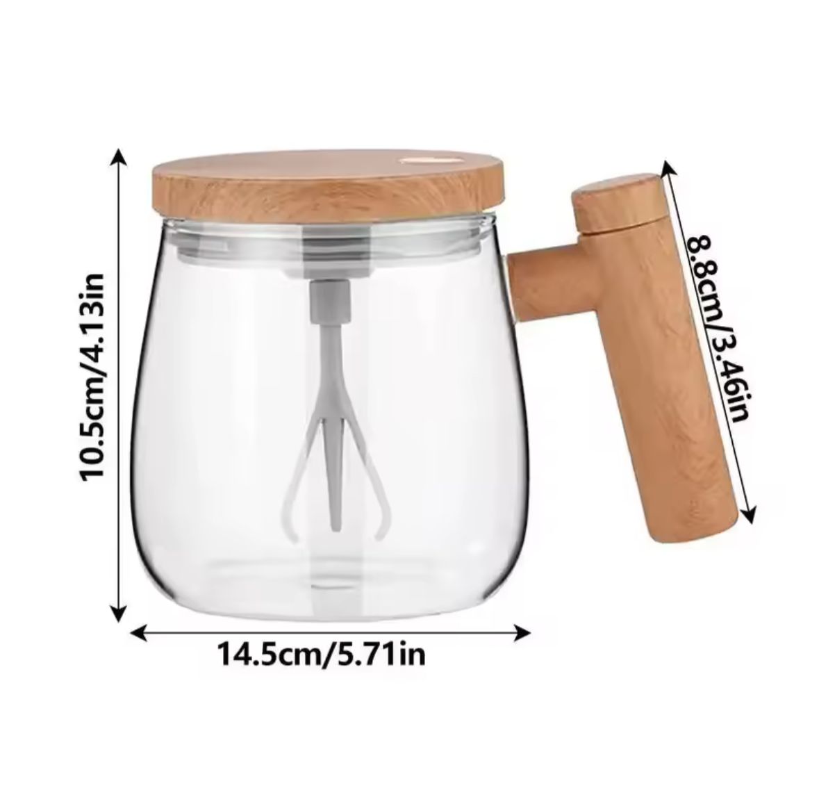 Taza Mezcladora Automática de Vidrio 400ml con Batidor Eléctrico y Mango de Madera