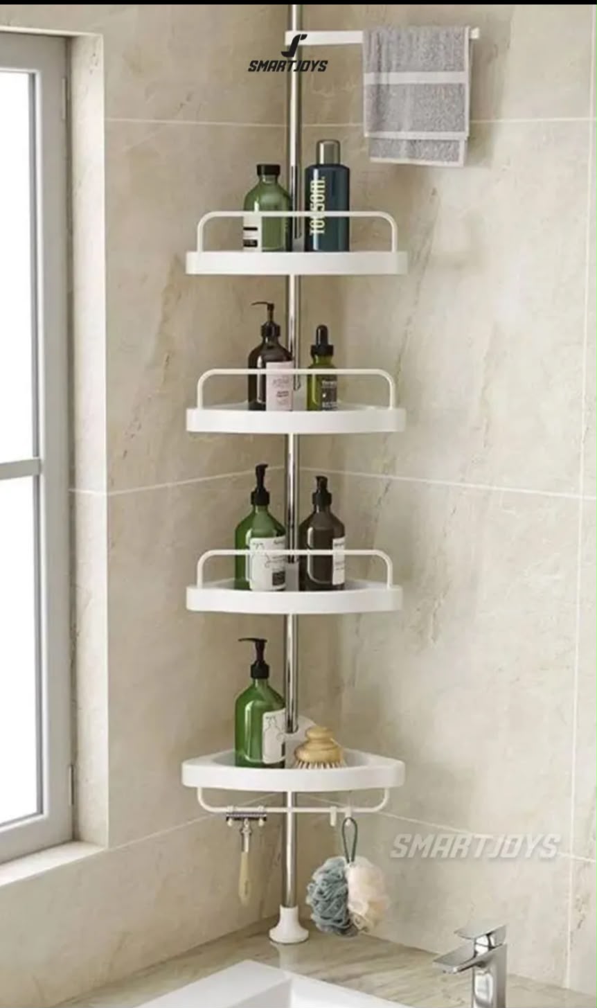 Organizador Esquinero de Baño Extensible 4 Niveles — Piso a Techo hasta 2.6m sin Taladro