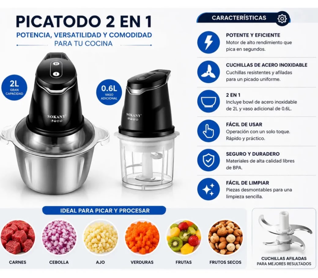 Picatodo Eléctrico Sokany 2 en 1 — 400W con Bowl de Acero 2L y Vaso 0.6L