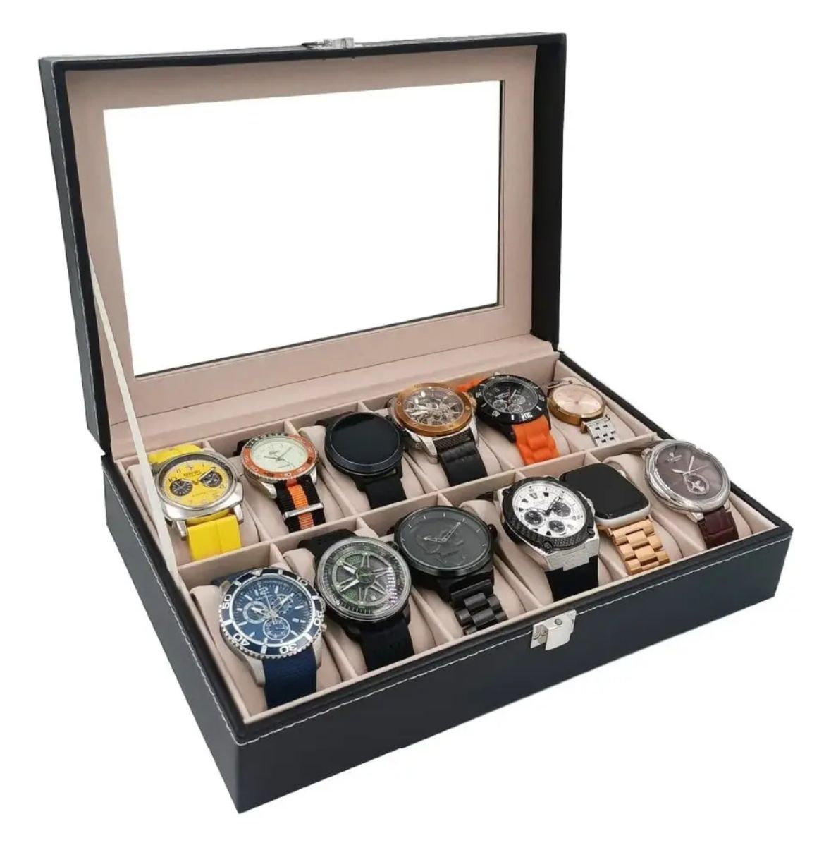 Caja Organizadora para 12 Relojes con Tapa Transparente – Estuche en Cuero PU con Cojines
