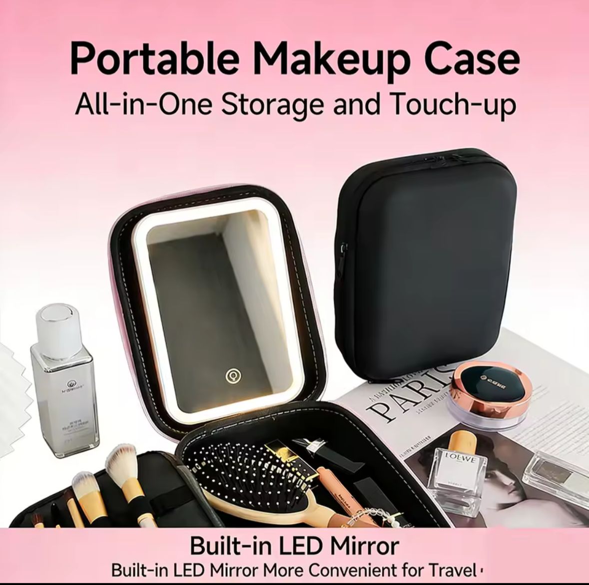 Neceser de Maquillaje Portátil con Espejo LED Integrado y 3 Modos de Luz