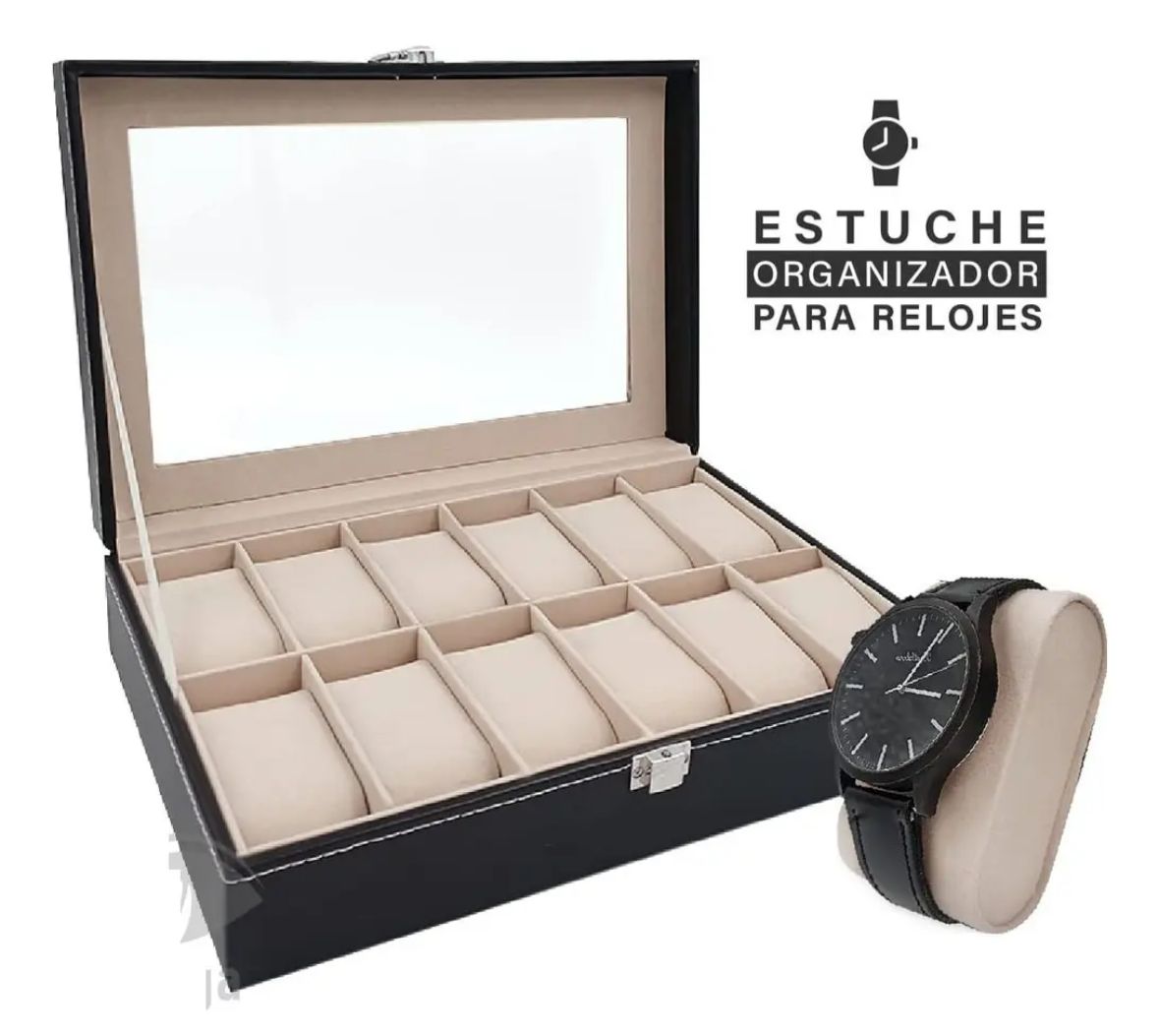 Caja Organizadora para 12 Relojes con Tapa Transparente – Estuche en Cuero PU con Cojines