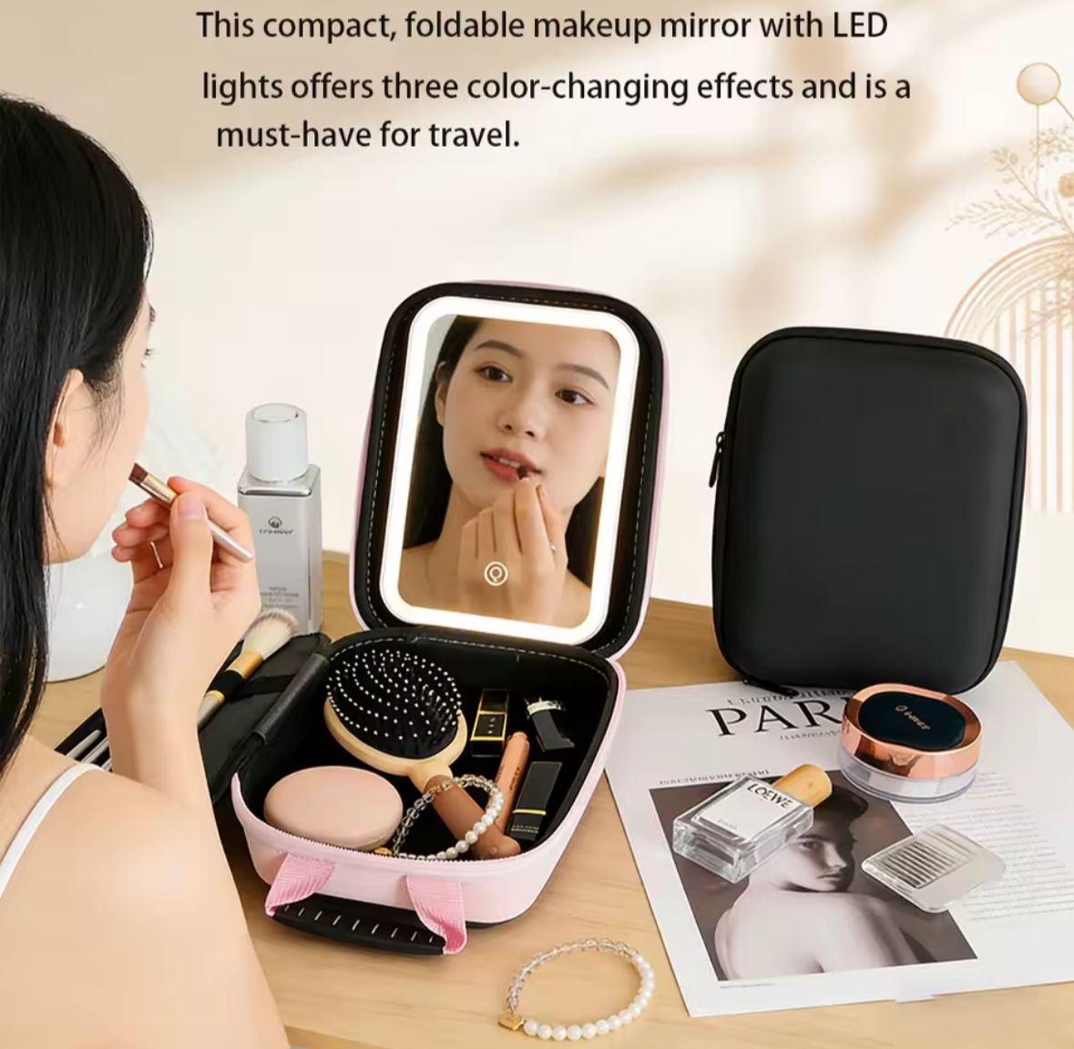 Neceser de Maquillaje Portátil con Espejo LED Integrado y 3 Modos de Luz