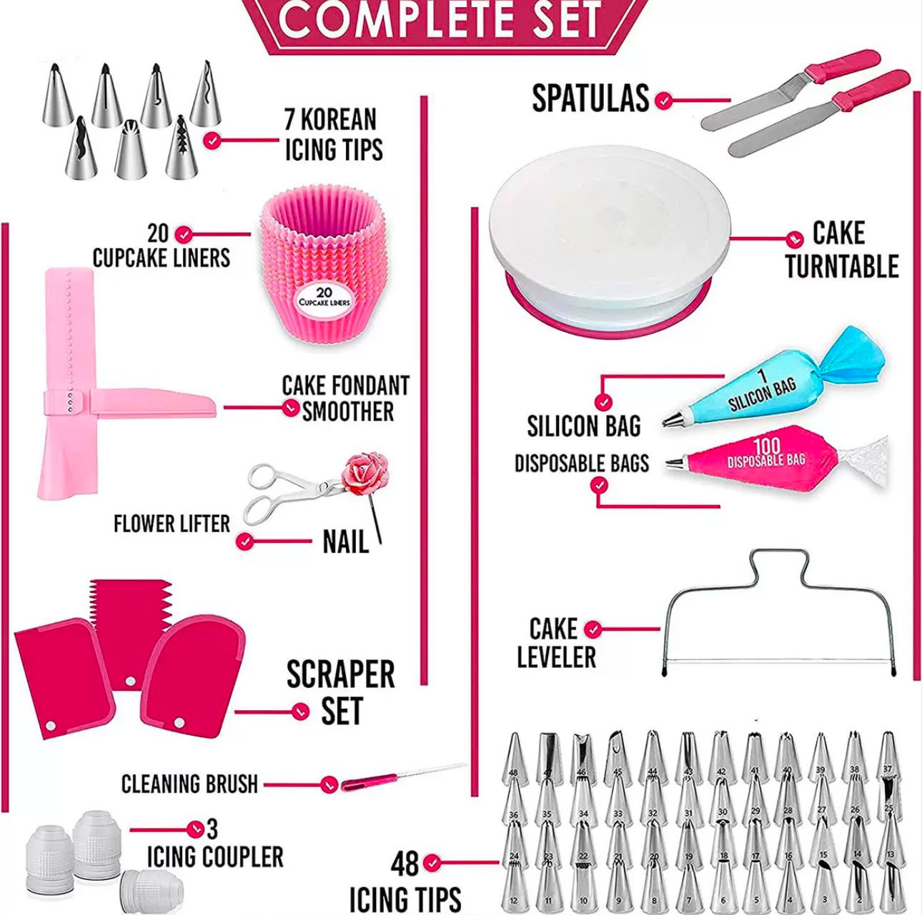Kit Pastelero Completo 200 Piezas — Mesa Giratoria 28cm + 55 Boquillas + Mangas + Espátulas