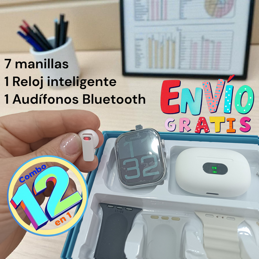 Combo 9 en 1 Smartwatch + Audífonos Inalámbricos + 7 Manillas | Reloj Inteligente con Llamadas Bluetooth | Envío Gratis Colombia