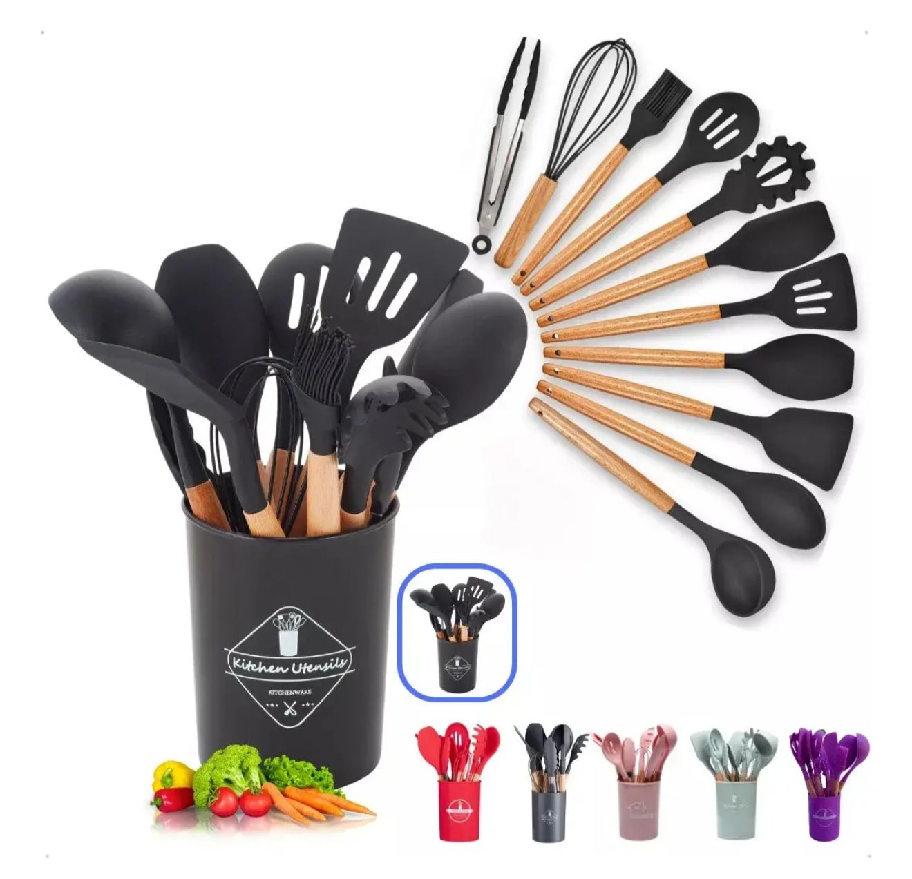 Set de Utensilios de Cocina en Silicona 12 Piezas con Soporte — Mango de Madera