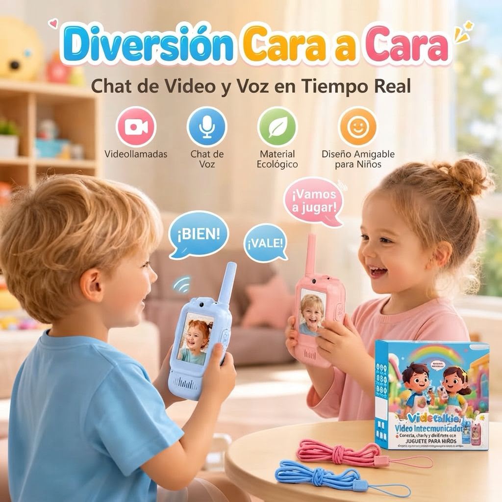 Dos niños hablando por videollamada con el walkie talkie infantil rosado y azul
