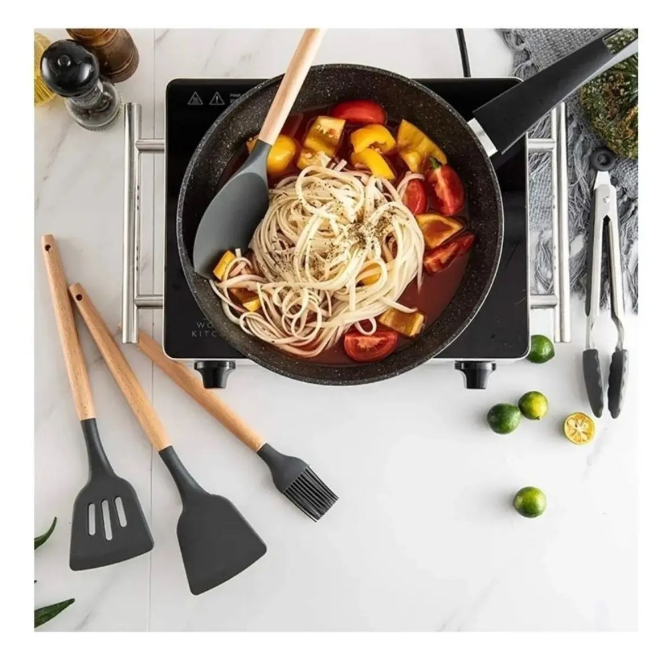 Set de Utensilios de Cocina en Silicona 12 Piezas con Soporte — Mango de Madera