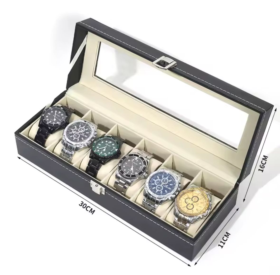 Caja organizadora para 6 relojes abierta con medidas 30 x 11 cm
