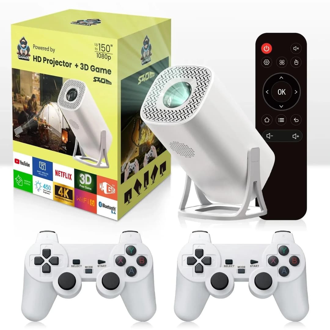 Mini Proyector S40 Max HD 1080P + 3D Game | Android 11 WiFi 6 Bluetooth 5.4 con 2 Controles Inalámbricos