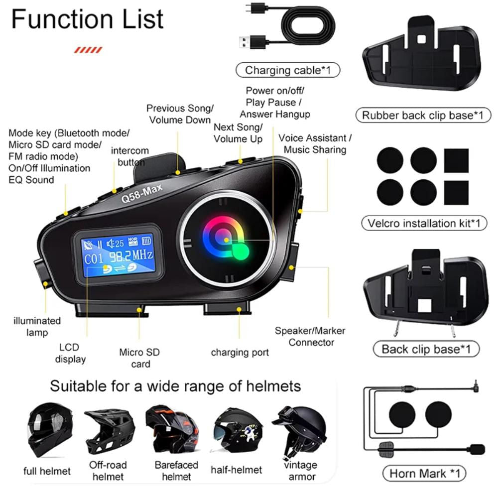 Intercomunicador doble para moto Q58 Max Bluetooth con radio FM y asistente de voz