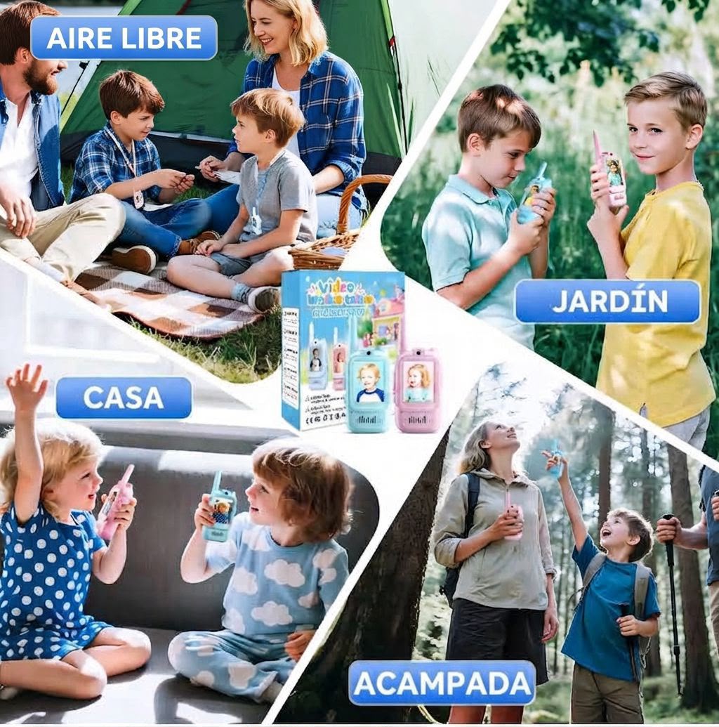 Niños usando el video walkie talkie rosado y azul en casa, el jardín y paseos