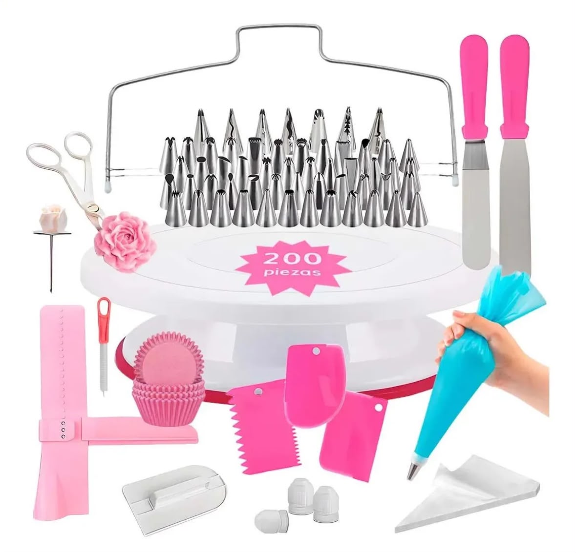 Kit Pastelero Completo 200 Piezas — Mesa Giratoria 28cm + 55 Boquillas + Mangas + Espátulas