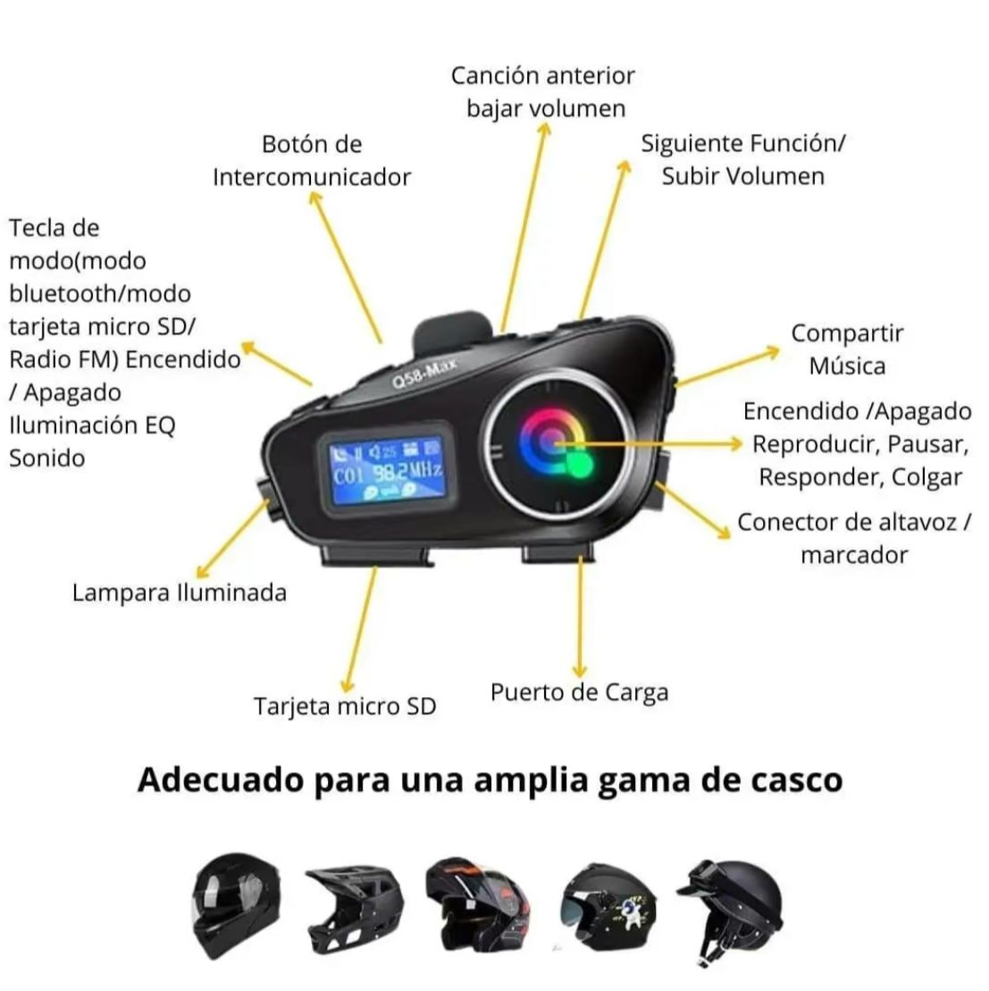 Intercomunicador Bluetooth para Casco de Moto con Radio FM – Q-58 Max | Comunicación Inalámbrica hasta 1000m
