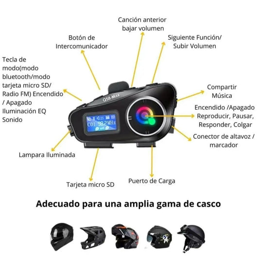 Intercomunicador Bluetooth para Casco de Moto con Radio FM – Q-58 Max | Comunicación Inalámbrica hasta 1000m