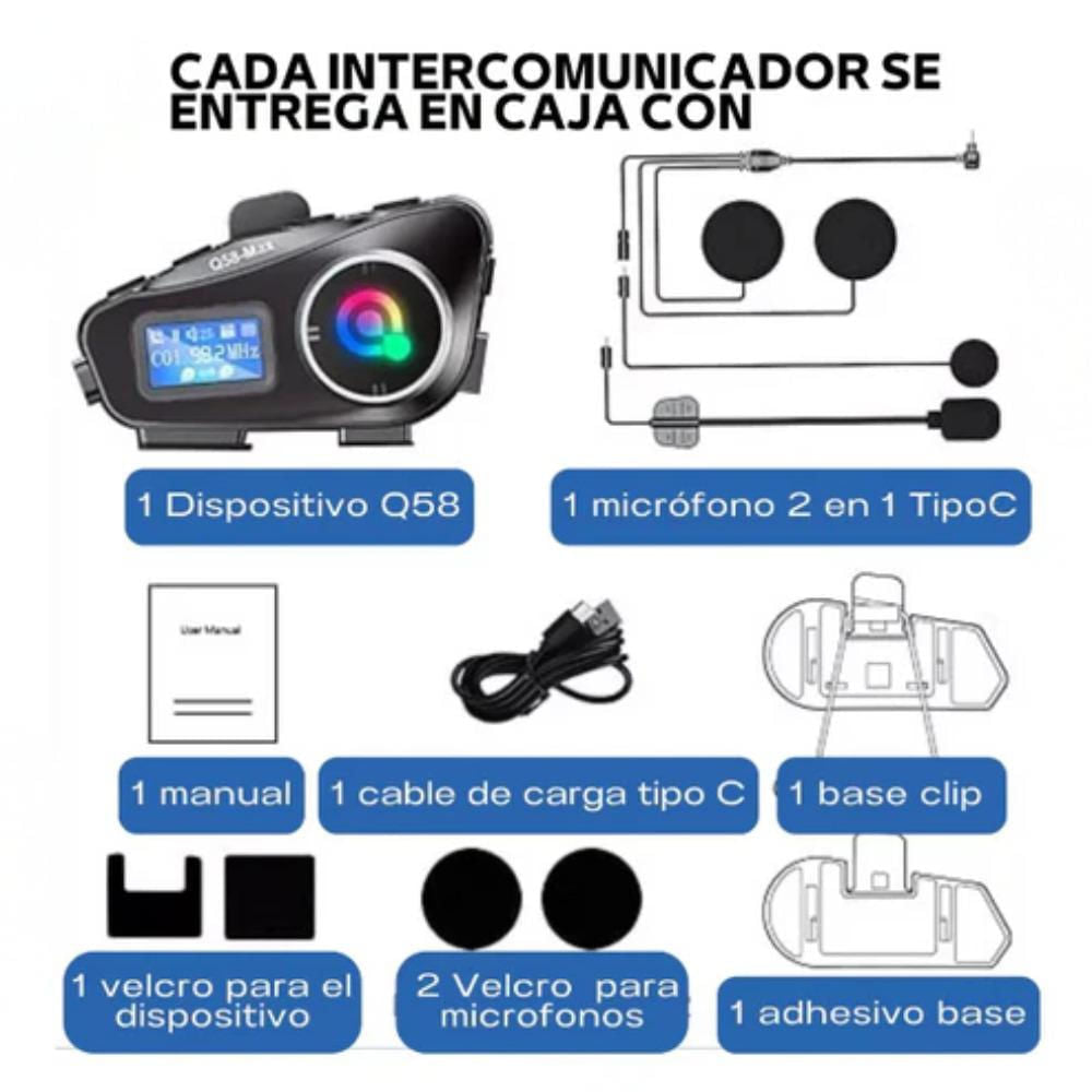 Intercomunicador doble para moto Q58 Max Bluetooth con radio FM y asistente de voz