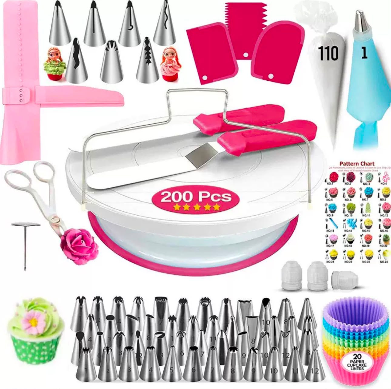 Kit Pastelero Completo 200 Piezas — Mesa Giratoria 28cm + 55 Boquillas + Mangas + Espátulas