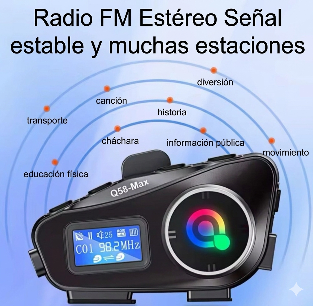 Intercomunicador Bluetooth para Casco de Moto con Radio FM – Q-58 Max | Comunicación Inalámbrica hasta 1000m